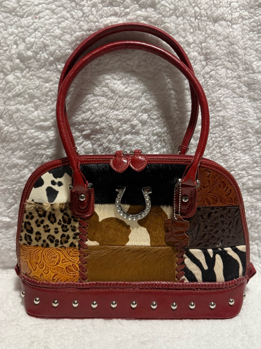 Red Patchwork Leather Animal-Print Satchel Purse